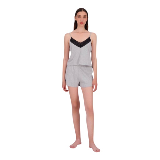 [05-010-70-012-K025-L] Ensemble femme bretelle et short avec dentelle fine (Gris Chiné, L)