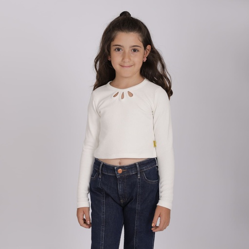 [05-010-02-661-K100-10/12A] T-shirt côtelé fille manches longues avec cut out fleur (10/12A)
