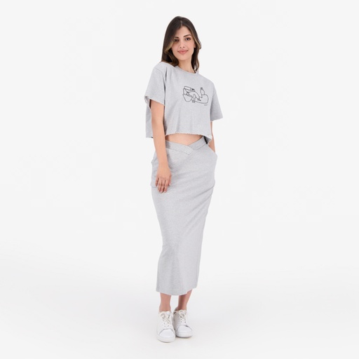 [05-010-21-016-K025-L] Jupe midi femme avec bande à la taille croisée (Gris Chiné, L)