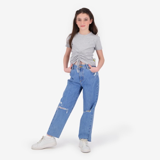 [05-010-02-269-K025-10/12A] T-shirt fille manches courtes avec cordon de serrage (Gris Chiné, 10/12A)