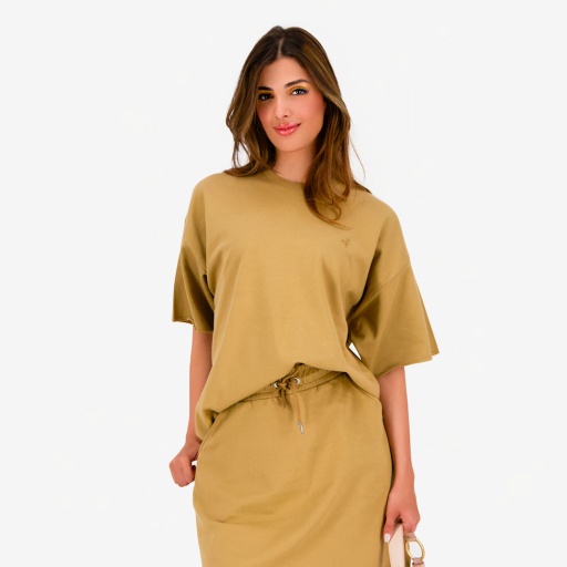 [05-010-36-210-K156-L] Sweat oversized femme manches courtes avec broderie (Marron Clair , L)