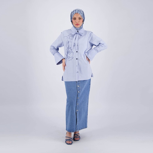 [01-010-09-094-K012-L] Chemise papillon femme en chaine &amp; trame (Bleu Clair, L)