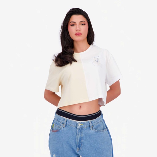 [05-010-02-813-K811-L] Upcycling t-shirt crop femme manches courtes POSTCARD &amp; WARNING V2 (L)