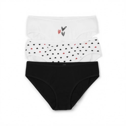 [05-010-20-050-K1005-S] Lot de 3 Slips taille basse femme en coton stretch (Blanc &amp; Noir &amp; Blanc Imprimé Cœurs, S)