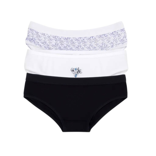 [05-010-20-052-K1006-L] Lot de 3 Slips taille haute femme bords elastique large en coton stretch (Blanc &amp; Noir &amp; Blanc Imprimé Feuilles Bleu, L)