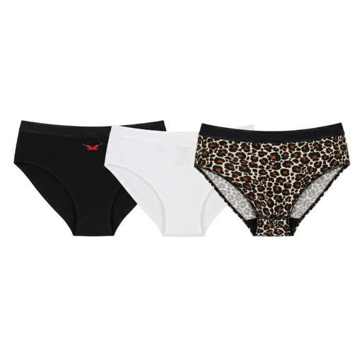 [05-010-20-052-K1007-L] Lot de 3 Slips taille haute femme bords elastique large en coton stretch (Blanc &amp; Noir &amp; Blanc Imprimé Léopard, L)
