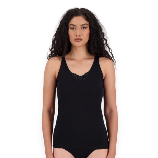 [05-010-34-017-K040-L] Débardeur femme en coton bio détail dentelle (Noir, L)