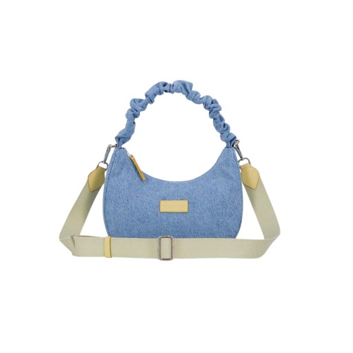 Sac demi lune scrunchie femme en jeans et cuir - Jeans Bleu foncé